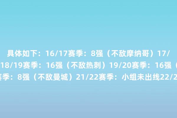 具体如下：16/17赛季：8强（不敌摩纳哥）17/18赛季：小组未出线18/19赛季：16强（不敌热刺）19/20赛季：16强（不敌巴黎）20/21赛季：8强（不敌曼城）21/22赛季：小组未出线22/23赛季：16强（不敌切尔西）23/24赛季：决赛不敌皇马24/25赛季：8强（不敌巴萨）本赛季：附加赛被淘汰    世界买球体育信息